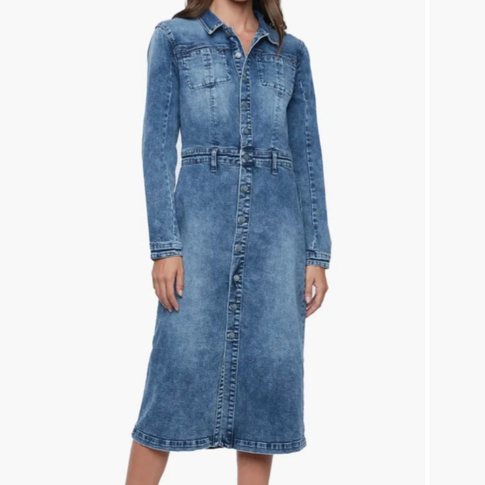 NWOT Wash Lab Denim Millie Long Sleeve Denim Shirtdress Blue Rain Dark XL #1185
